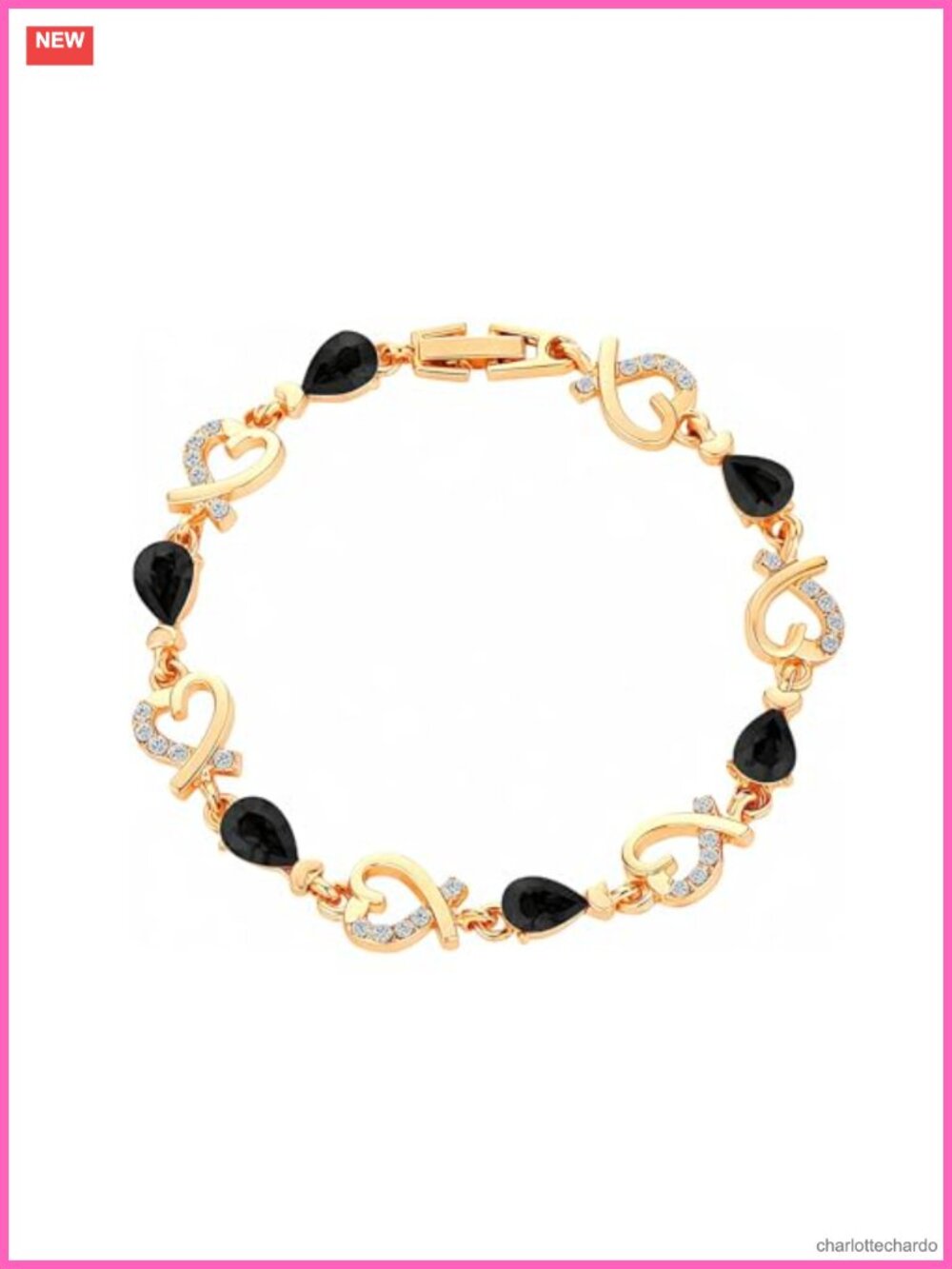 14K Gold Plated Heart Link Bracelet Crystal Teardrop Cuff for Women